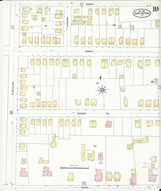 Sanborn Fire Insurance Map from Burlington, Chittenden County, Vermont (1906), Sheet #0019 - Historic Sanborn Fire Insurance Map Print, vintage old map wall art, antique decor, genealogy gift, Vermont Vermont map