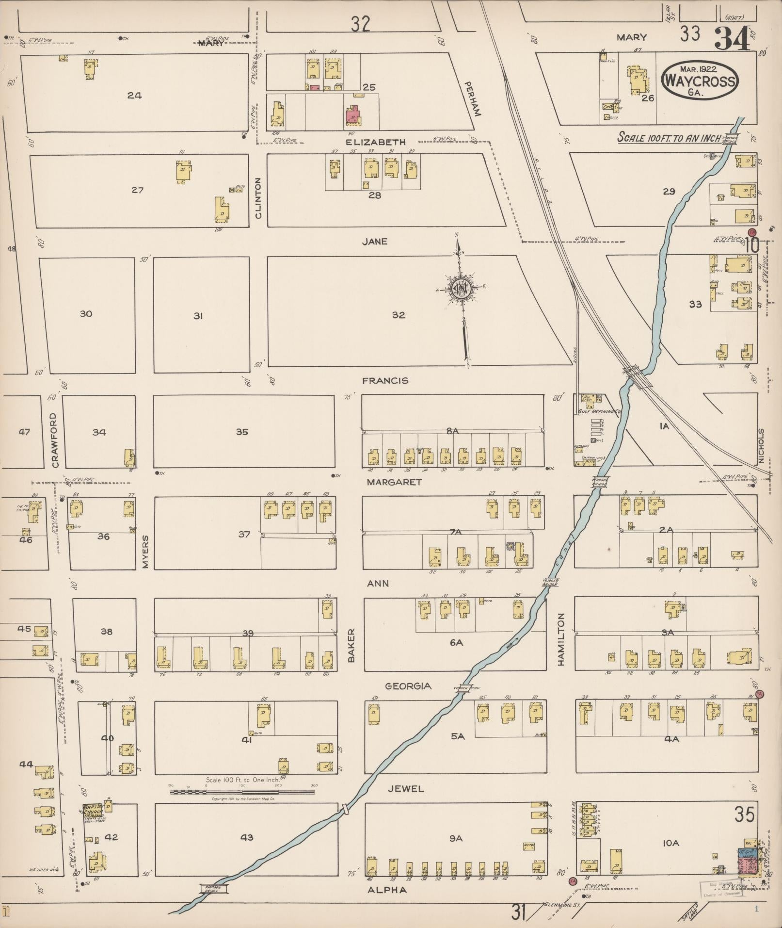 Sanborn Fire Insurance Map from Waycross, Ware County, Georgia (1922), Sheet #0034 - Complete Map Set gallery image, historic Sanborn map, vintage wall art, Georgia Georgia