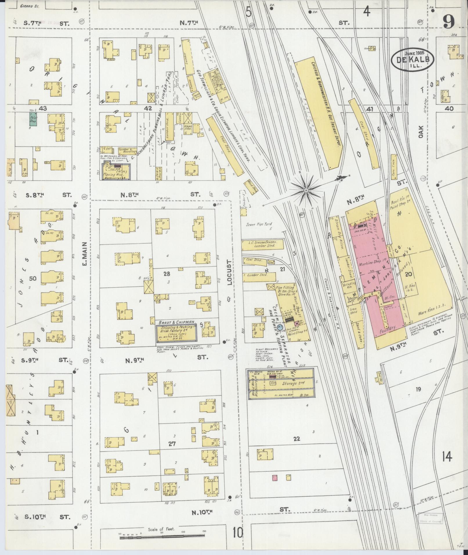 Sanborn Fire Insurance Map from De Kalb, De Kalb County, Illinois (1905), Sheet #0009 - Historic Sanborn Fire Insurance Map Print, vintage old map wall art, antique decor, genealogy gift, Illinois Illinois map