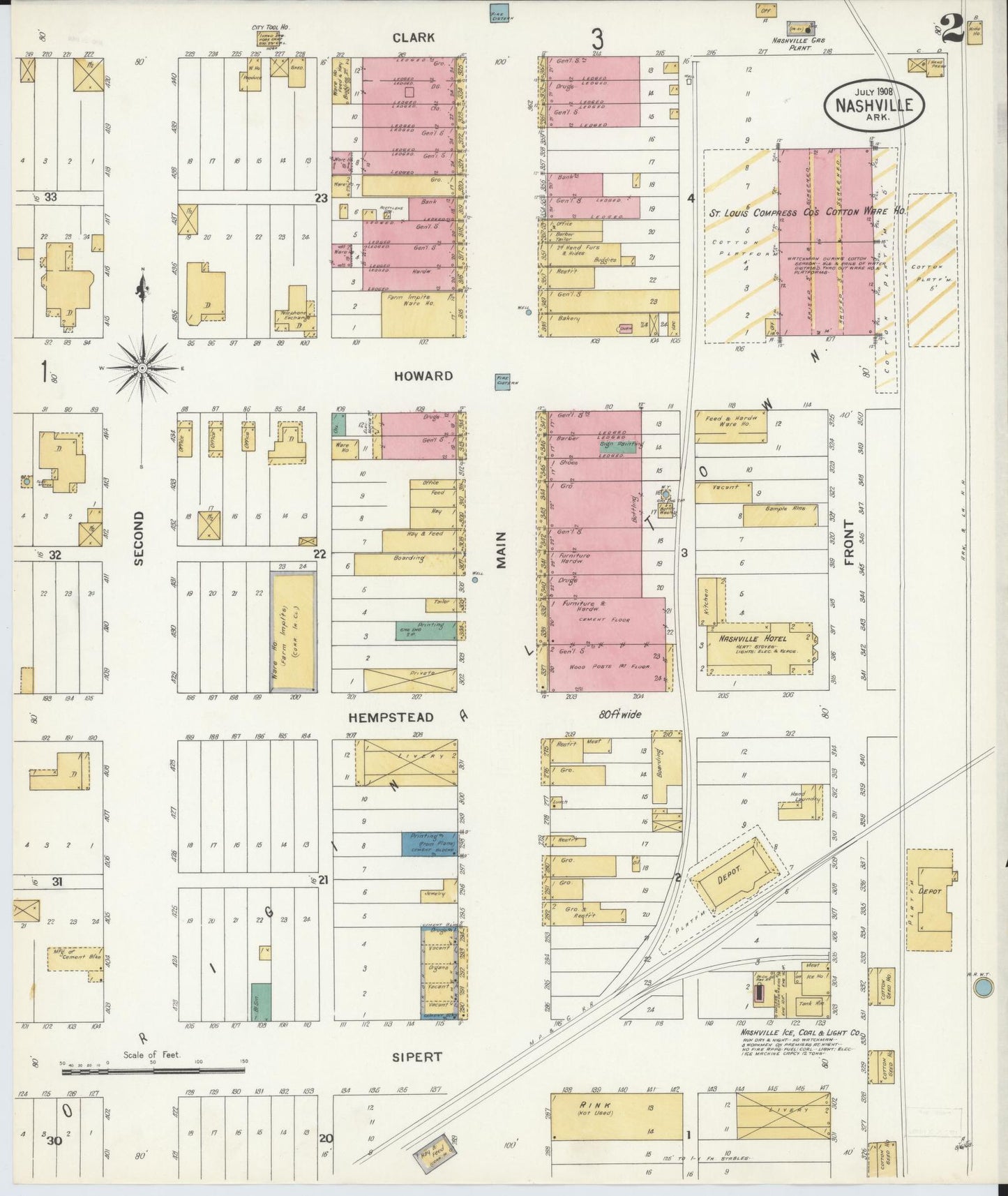 Sanborn Fire Insurance Map from Nashville, Howard County, Arkansas (1908), Sheet #0002 - Complete Map Set gallery image, historic Sanborn map, vintage wall art, Arkansas Arkansas