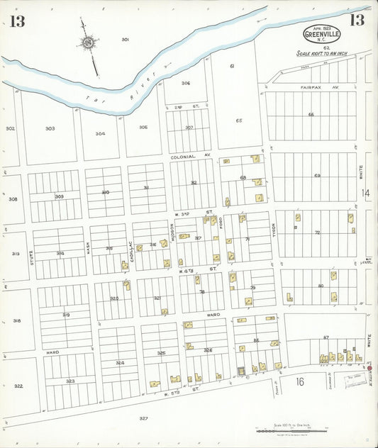 Sanborn Fire Insurance Map from Greenville, Pitt County, North Carolina (1923), Sheet #0013 - Historic Sanborn Fire Insurance Map Print, vintage old map wall art, antique decor, genealogy gift, North Carolina North Carolina map