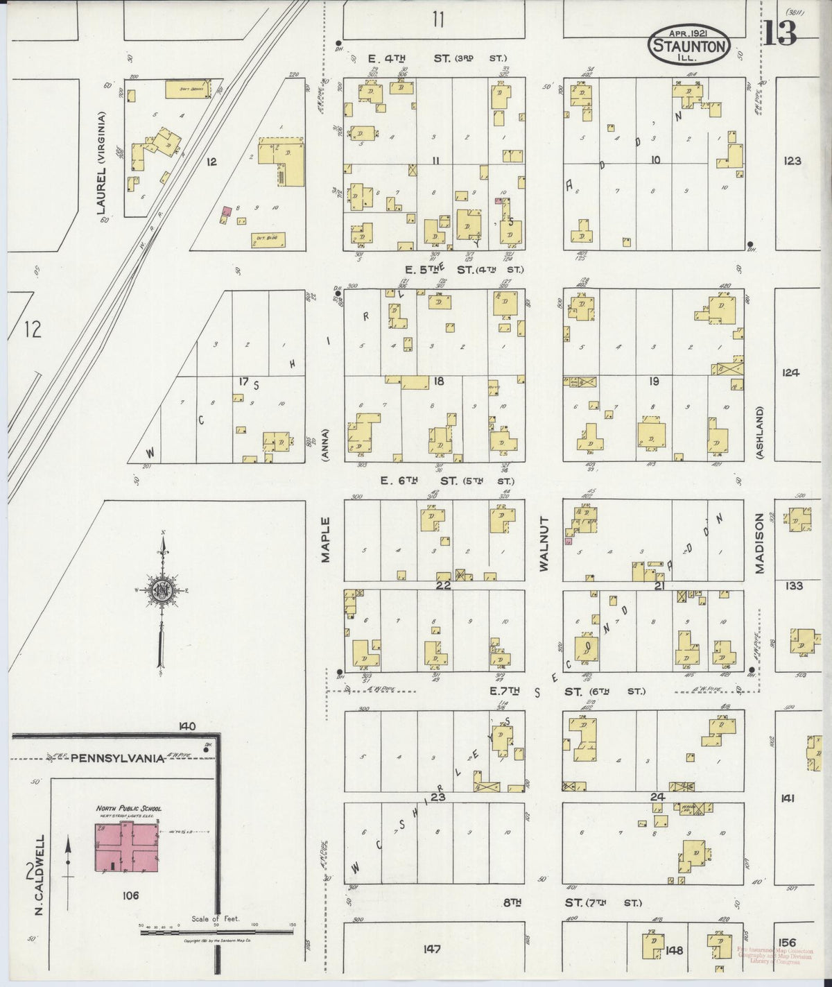 Sanborn Fire Insurance Map from Staunton, Macoupin County, Illinois (1921), Sheet #0013 - Historic Sanborn Fire Insurance Map Print, vintage old map wall art, antique decor, genealogy gift, Illinois Illinois map