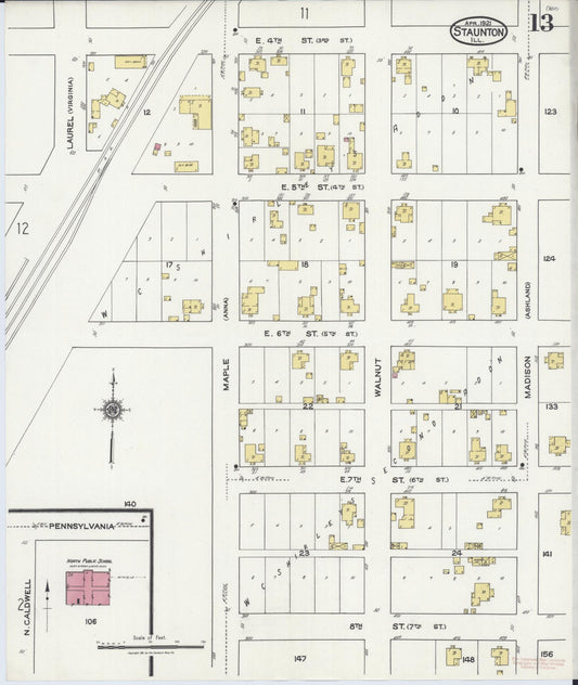 Sanborn Fire Insurance Map from Staunton, Macoupin County, Illinois (1921), Sheet #0013 - Historic Sanborn Fire Insurance Map Print, vintage old map wall art, antique decor, genealogy gift, Illinois Illinois map