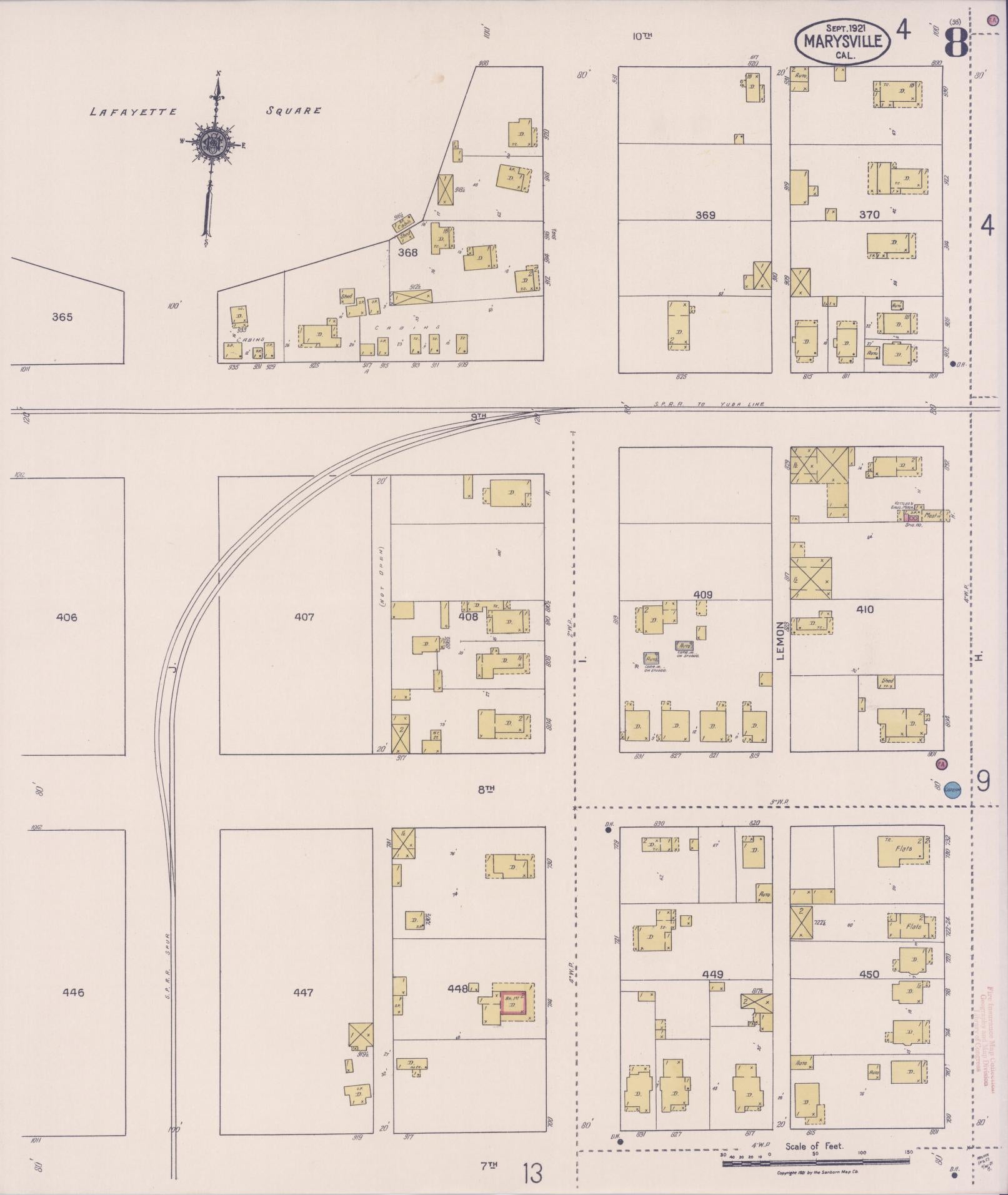 Sanborn Fire Insurance Map from Marysville, Yuba County, California (1921), Sheet #0008 - Historic Sanborn Fire Insurance Map Print, vintage old map wall art, antique decor, genealogy gift, California California map