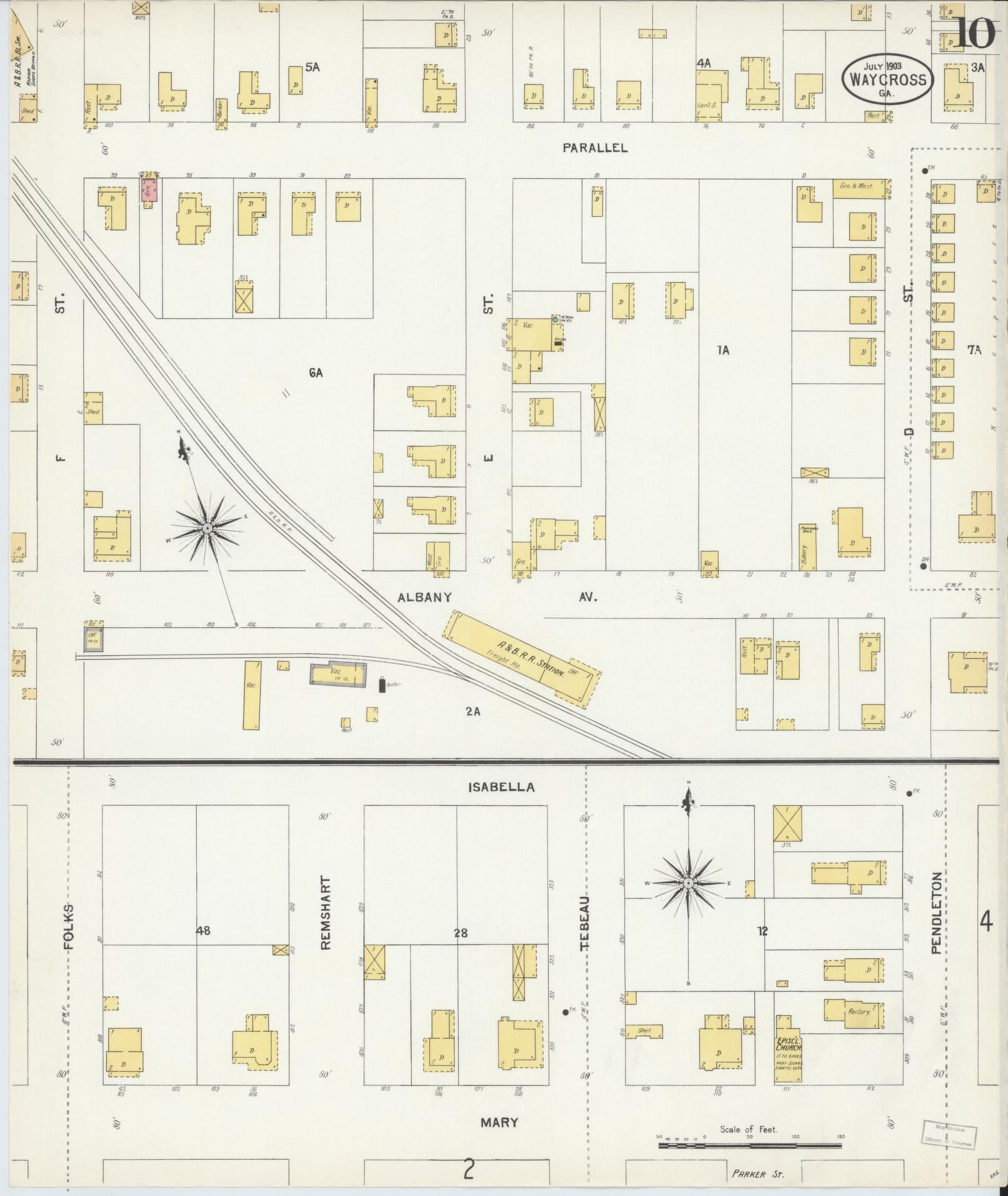 Sanborn Fire Insurance Map from Waycross, Ware County, Georgia (1903), Sheet #0010 - Historic Sanborn Fire Insurance Map Print, vintage old map wall art, antique decor, genealogy gift, Georgia Georgia map