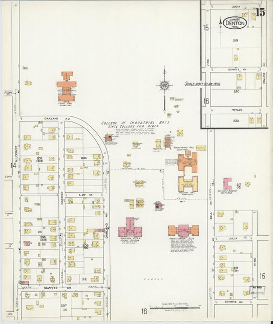 Sanborn Fire Insurance Map from Denton, Denton County, Texas (1917), Sheet #0015 - Historic Sanborn Fire Insurance Map Print, vintage old map wall art, antique decor, genealogy gift, Texas Texas map
