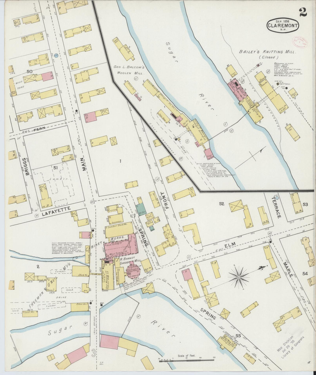 Sanborn Fire Insurance Map from Claremont, Sullivan County, New Hampshire (1894), Sheet #0002 - Historic Sanborn Fire Insurance Map Print, vintage old map wall art, antique decor, genealogy gift, New Hampshire New Hampshire map