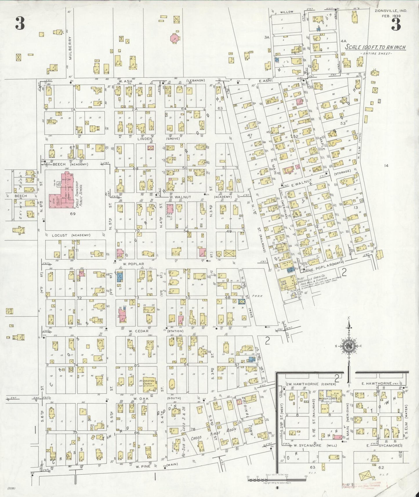 Sanborn Fire Insurance Map from Zionsville, Boone County, Indiana (1939), Sheet #0003 - Complete Map Set gallery image, historic Sanborn map, vintage wall art, Indiana Indiana