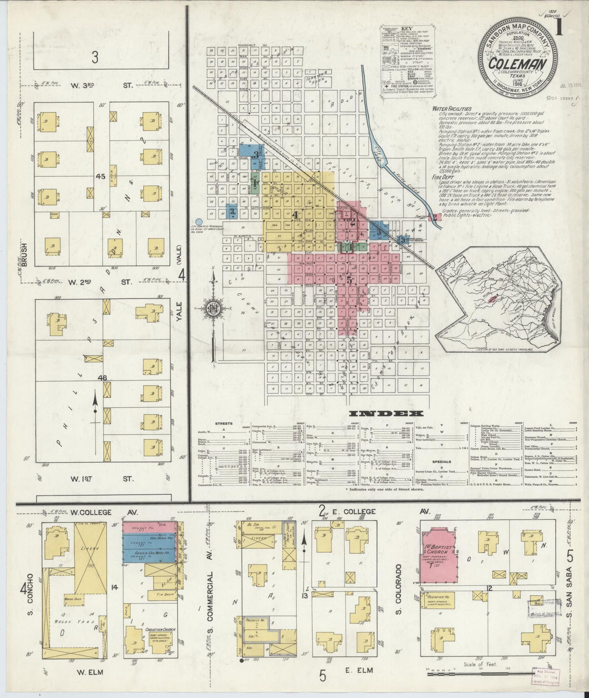 Sanborn Fire Insurance Map from Coleman, Coleman County, Texas (1916), Sheet #0001 - Historic Sanborn Fire Insurance Map Print, vintage old map wall art, antique decor, genealogy gift, Texas Texas map