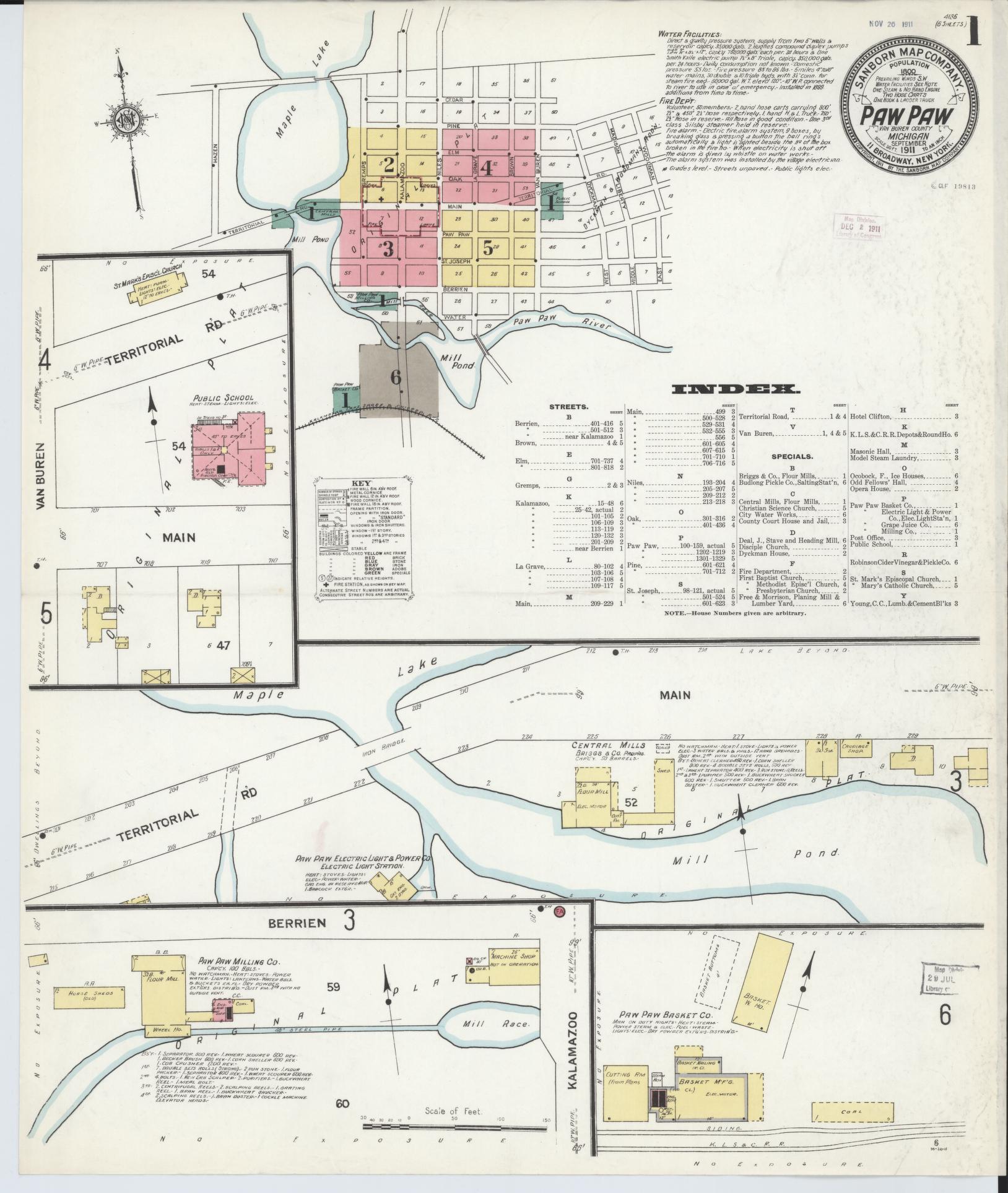 Sanborn Fire Insurance Map from Paw Paw, Van Buren County, Michigan (1911), Sheet #0001 - Complete Map Set gallery image, historic Sanborn map, vintage wall art, Michigan Michigan