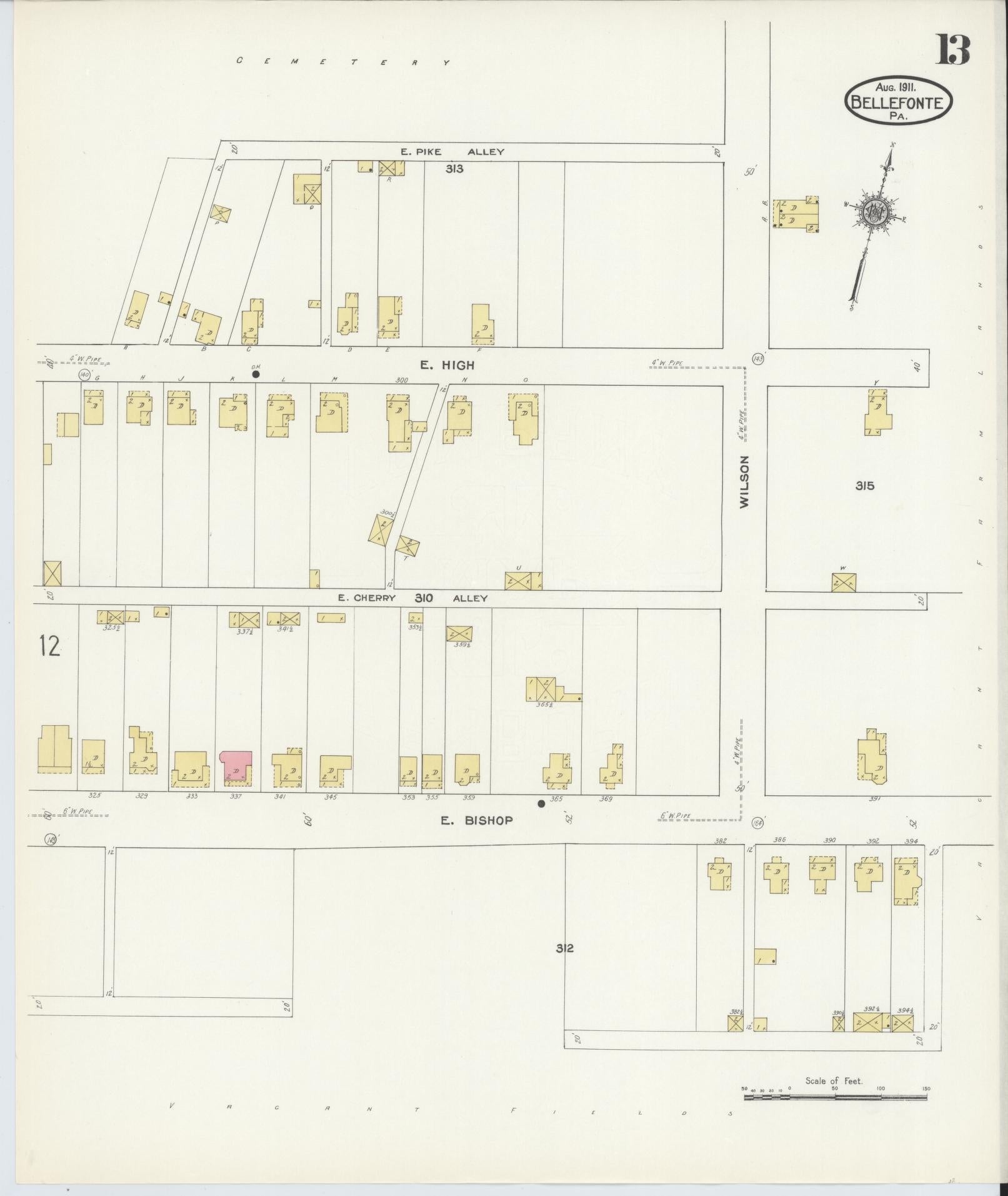 Sanborn Fire Insurance Map from Bellefonte, Centre County, Pennsylvania (1911), Sheet #0013 - Historic Sanborn Fire Insurance Map Print, vintage old map wall art, antique decor, genealogy gift, Pennsylvania Pennsylvania map