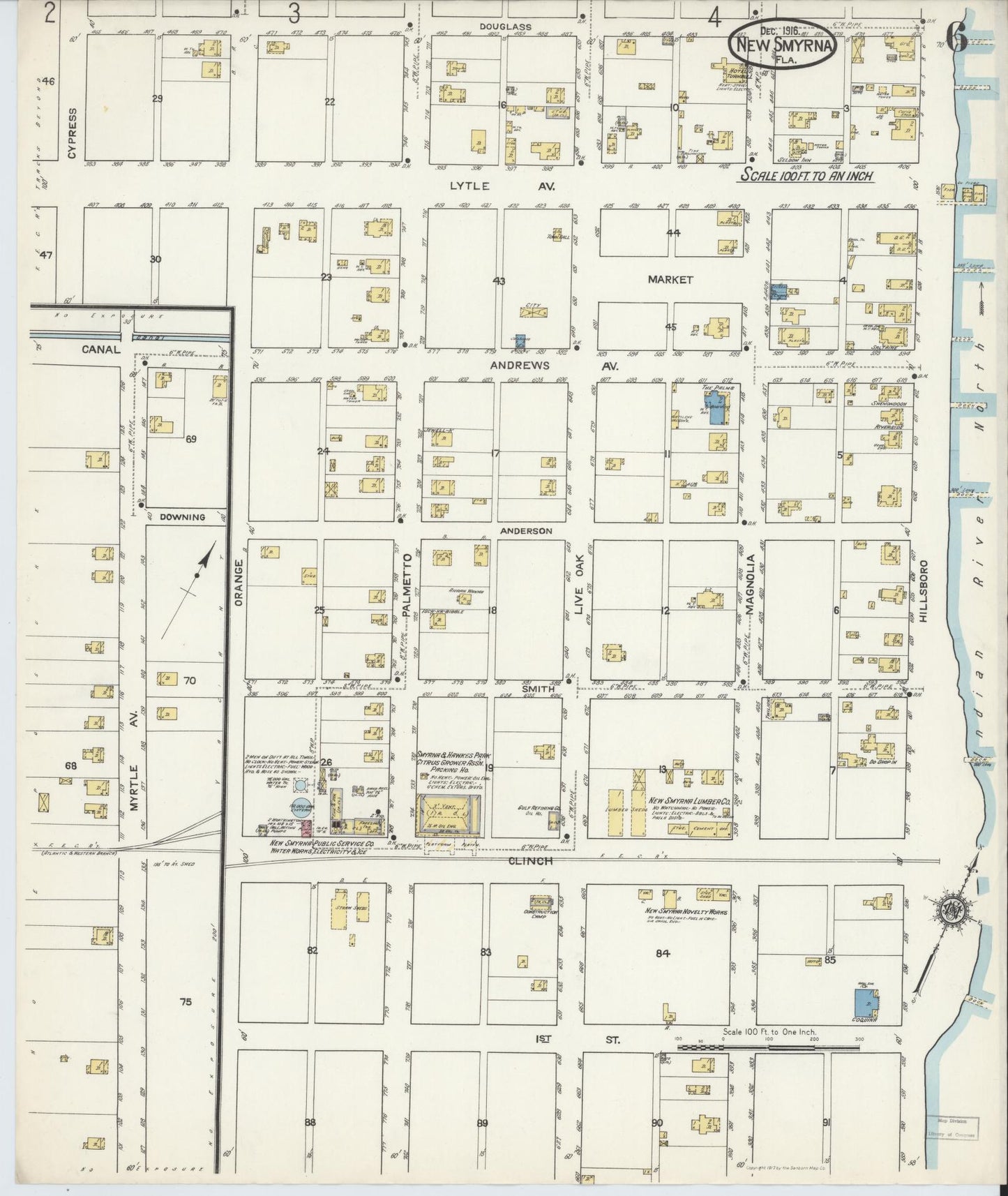 Sanborn Fire Insurance Map from New Smyrna, Valusia County, Florida (1916), Sheet #0006 - Complete Map Set gallery image, historic Sanborn map, vintage wall art, Florida Florida