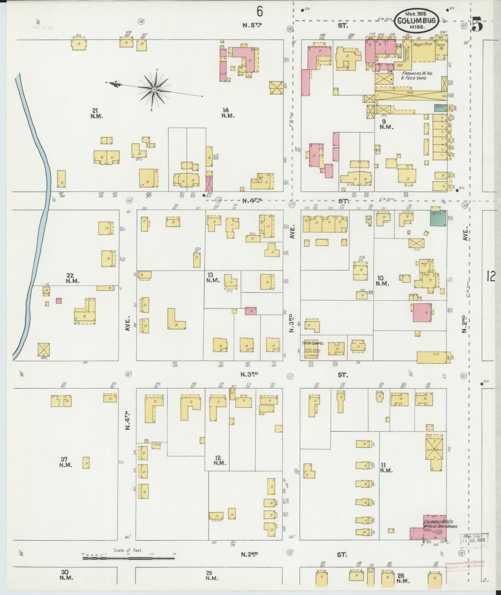 Sanborn Fire Insurance Map from Columbus, Lowndes County, Mississippi (1905), Sheet #0005 - Complete Map Set gallery image, historic Sanborn map, vintage wall art, Mississippi Mississippi