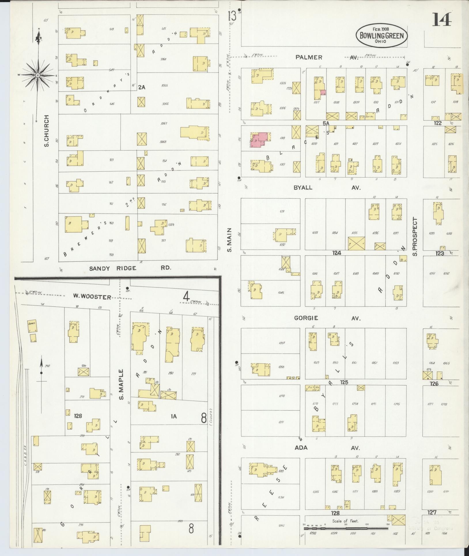 Sanborn Fire Insurance Map from Bowling Green, Wood County, Ohio (1908), Sheet #0014 - Complete Map Set gallery image, historic Sanborn map, vintage wall art, Ohio Ohio