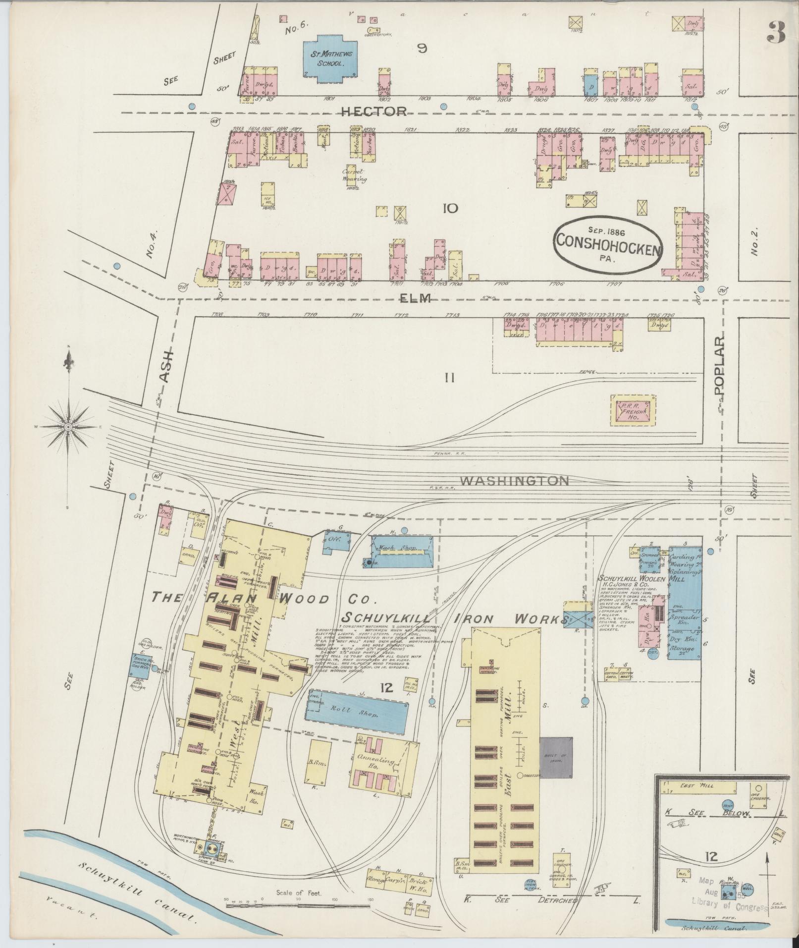 Sanborn Fire Insurance Map from Conshohocken, Montgomery County, Pennsylvania (1886), Sheet #0003 - Historic Sanborn Fire Insurance Map Print, vintage old map wall art, antique decor, genealogy gift, Pennsylvania Pennsylvania map