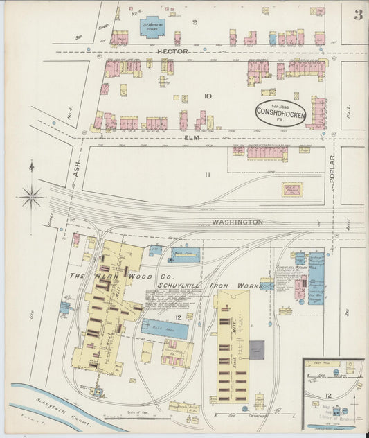 Sanborn Fire Insurance Map from Conshohocken, Montgomery County, Pennsylvania (1886), Sheet #0003 - Historic Sanborn Fire Insurance Map Print, vintage old map wall art, antique decor, genealogy gift, Pennsylvania Pennsylvania map