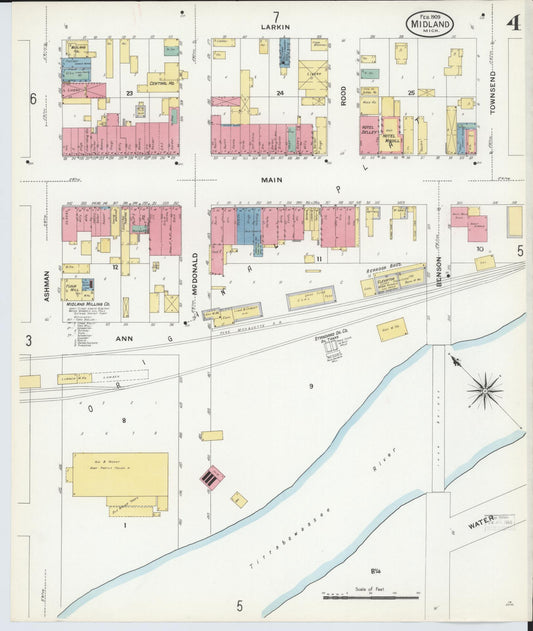 Sanborn Fire Insurance Map from Midland, Midland County, Michigan (1909), Sheet #0004 - Historic Sanborn Fire Insurance Map Print, vintage old map wall art, antique decor, genealogy gift, Michigan Michigan map
