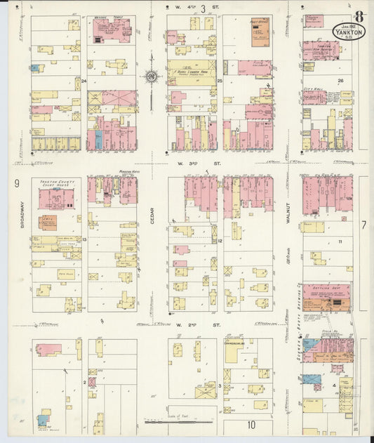 Sanborn Fire Insurance Map from Yankton, Yankton County, South Dakota (1912), Sheet #0008 - Historic Sanborn Fire Insurance Map Print, vintage old map wall art, antique decor, genealogy gift, South Dakota South Dakota map