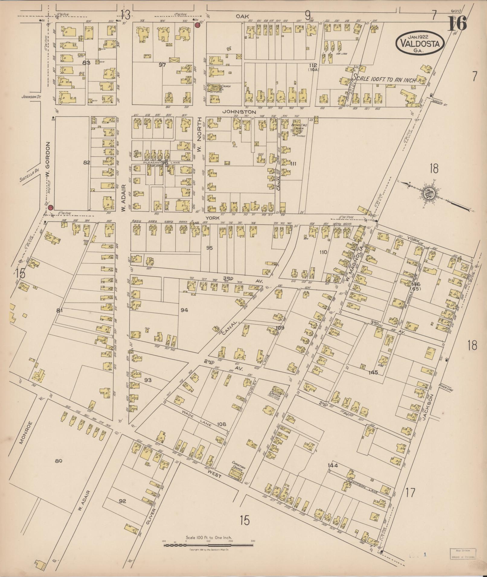Sanborn Fire Insurance Map from Valdosta, Lowndes County, Georgia (1922), Sheet #0016 - Complete Map Set gallery image, historic Sanborn map, vintage wall art, Georgia Georgia
