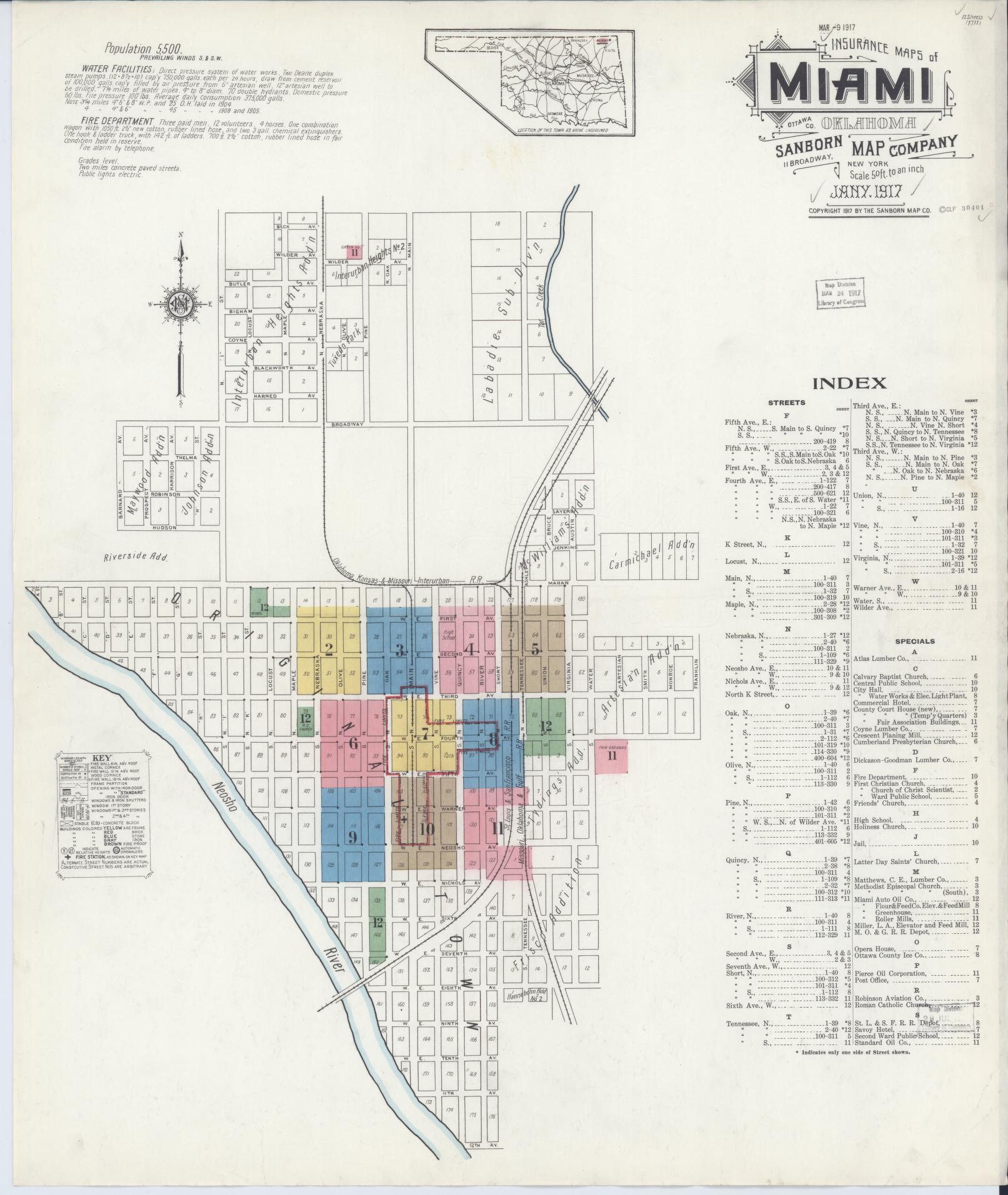 Sanborn Fire Insurance Map from Miami, Ottawa County, Oklahoma (1917), Sheet #0001 - Complete Map Set gallery image, historic Sanborn map, vintage wall art, Oklahoma Oklahoma