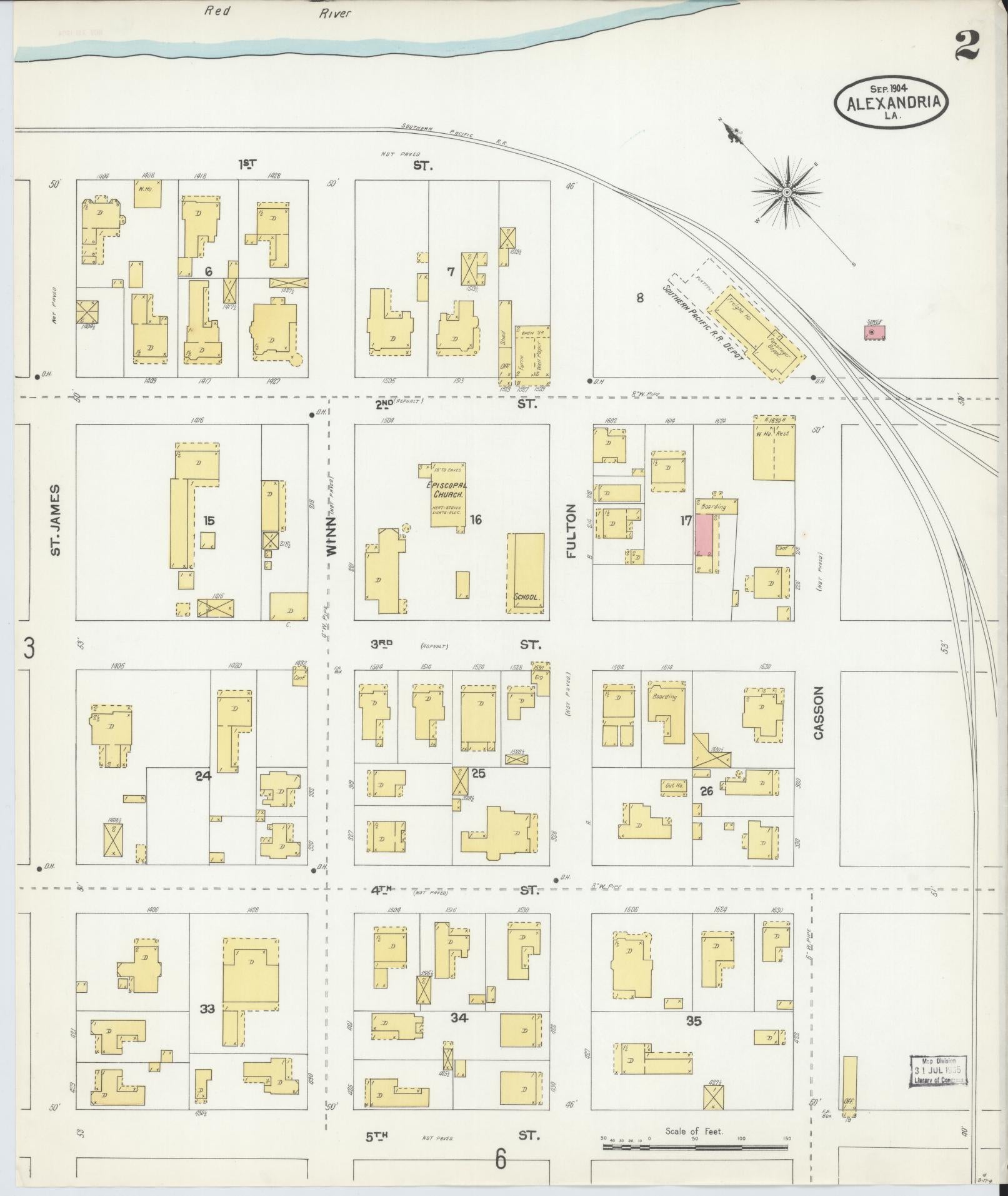 Sanborn Fire Insurance Map from Alexandria, Rapides Parish, Louisiana (1904), Sheet #0002 - Historic Sanborn Fire Insurance Map Print, vintage old map wall art, antique decor, genealogy gift, Louisiana Louisiana map