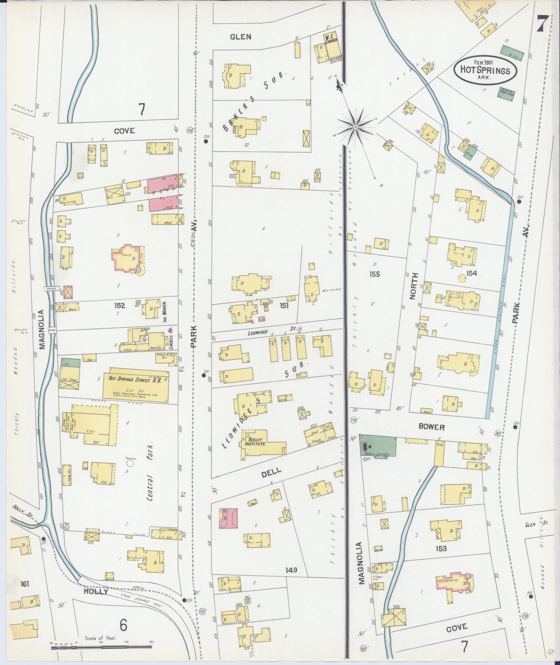 Sanborn Fire Insurance Map from Hot Springs, Garland County, Arkansas (1901), Sheet #0007 - Historic Sanborn Fire Insurance Map Print, vintage old map wall art, antique decor, genealogy gift, Arkansas Arkansas map