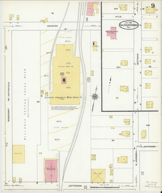 Sanborn Fire Insurance Map from Sulphur Springs, Hopkins County, Texas (1915), Sheet #0009 - Historic Sanborn Fire Insurance Map Print, vintage old map wall art, antique decor, genealogy gift, Texas Texas map