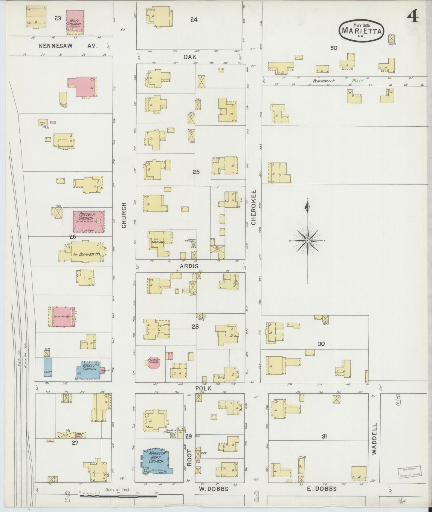 Sanborn Fire Insurance Map from Marietta, Cobb County, Georgia (1895), Sheet #0004 - Historic Sanborn Fire Insurance Map Print, vintage old map wall art, antique decor, genealogy gift, Georgia Georgia map