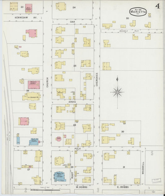 Sanborn Fire Insurance Map from Marietta, Cobb County, Georgia (1895), Sheet #0004 - Historic Sanborn Fire Insurance Map Print, vintage old map wall art, antique decor, genealogy gift, Georgia Georgia map