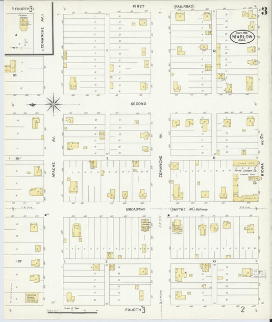 Sanborn Fire Insurance Map from Marlow, Stephens County, Oklahoma (1908), Sheet #0003 - Historic Sanborn Fire Insurance Map Print, vintage old map wall art, antique decor, genealogy gift, Oklahoma Oklahoma map