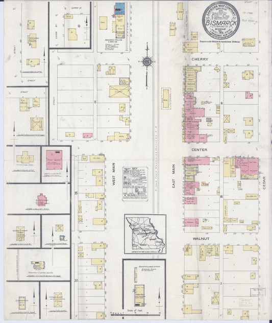 Sanborn Fire Insurance Map from Bismarck, Saint Francois County, Missouri (1915), Sheet #0001 - Historic Sanborn Fire Insurance Map Print, vintage old map wall art, antique decor, genealogy gift, Missouri Missouri map