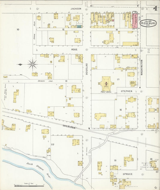 Sanborn Fire Insurance Map from Roseburg, Douglas County, Oregon (1895), Sheet #0004 - Historic Sanborn Fire Insurance Map Print, vintage old map wall art, antique decor, genealogy gift, Oregon Oregon map
