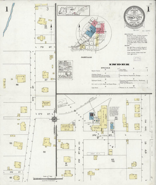 Sanborn Fire Insurance Map from Tracy City, Grundy County, Tennessee (1926), Sheet #0001 - Historic Sanborn Fire Insurance Map Print, vintage old map wall art, antique decor, genealogy gift, Tennessee Tennessee map