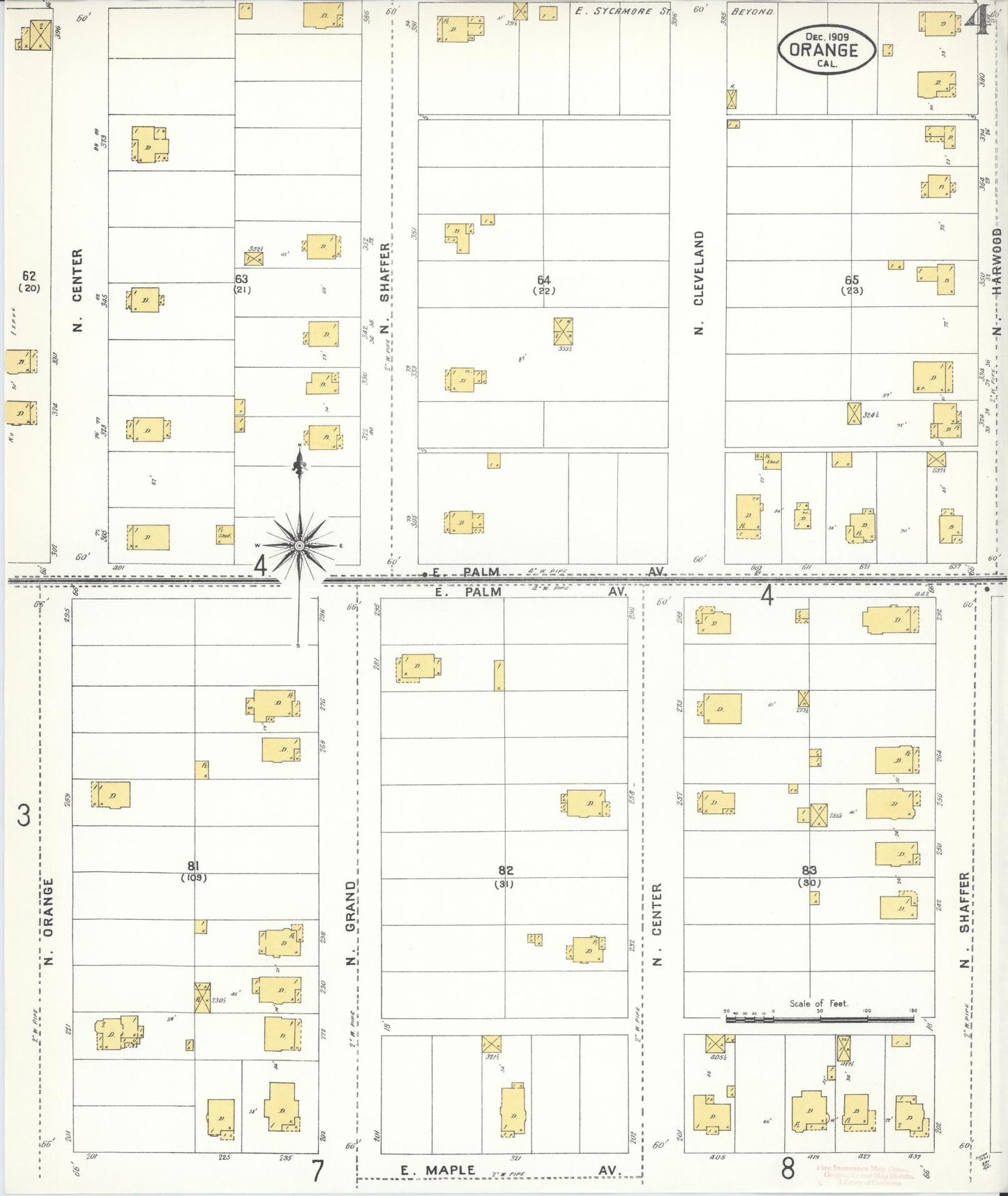 Sanborn Fire Insurance Map from Orange, Orange County, California (1909), Sheet #0004 - Complete Map Set gallery image, historic Sanborn map, vintage wall art, California California
