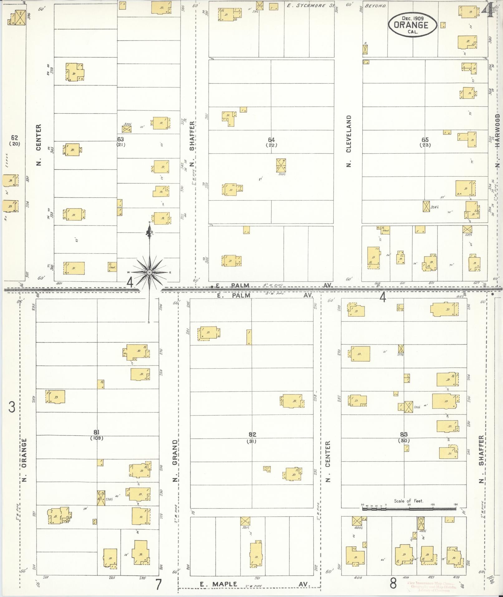 Sanborn Fire Insurance Map from Orange, Orange County, California (1909), Sheet #0004 - Complete Map Set gallery image, historic Sanborn map, vintage wall art, California California