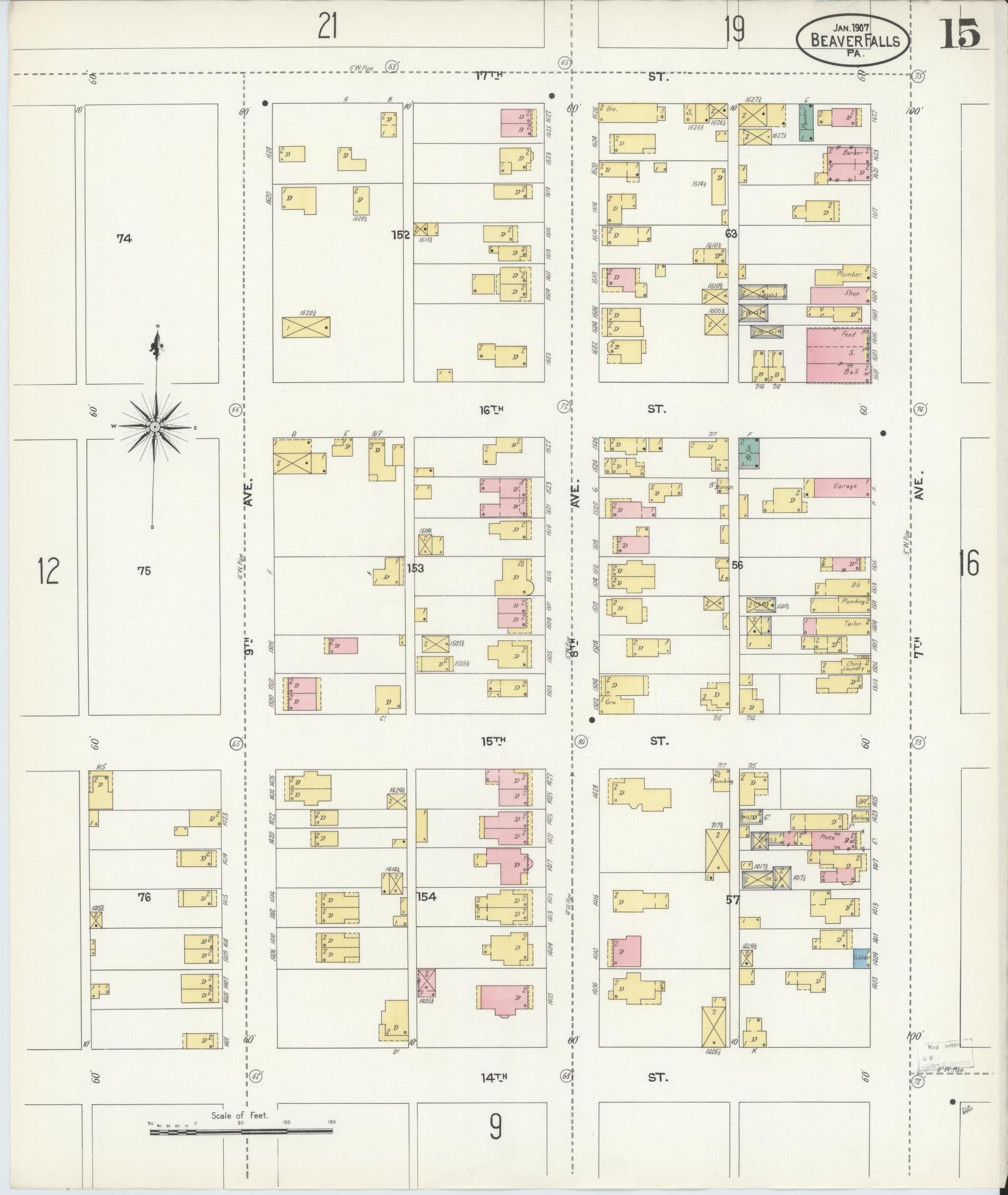 Sanborn Fire Insurance Map from Beaver Falls, Beaver County, Pennsylvania (1907), Sheet #0015 - Complete Map Set gallery image, historic Sanborn map, vintage wall art, Pennsylvania Pennsylvania