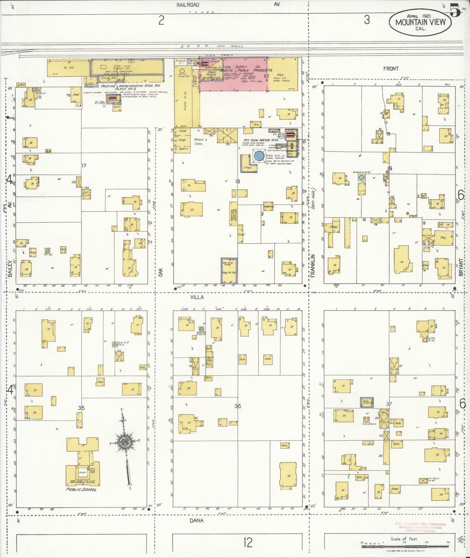 Sanborn Fire Insurance Map from Mountain View, Santa Clara County, California (1921), Sheet #0005 - Complete Map Set gallery image, historic Sanborn map, vintage wall art, California California
