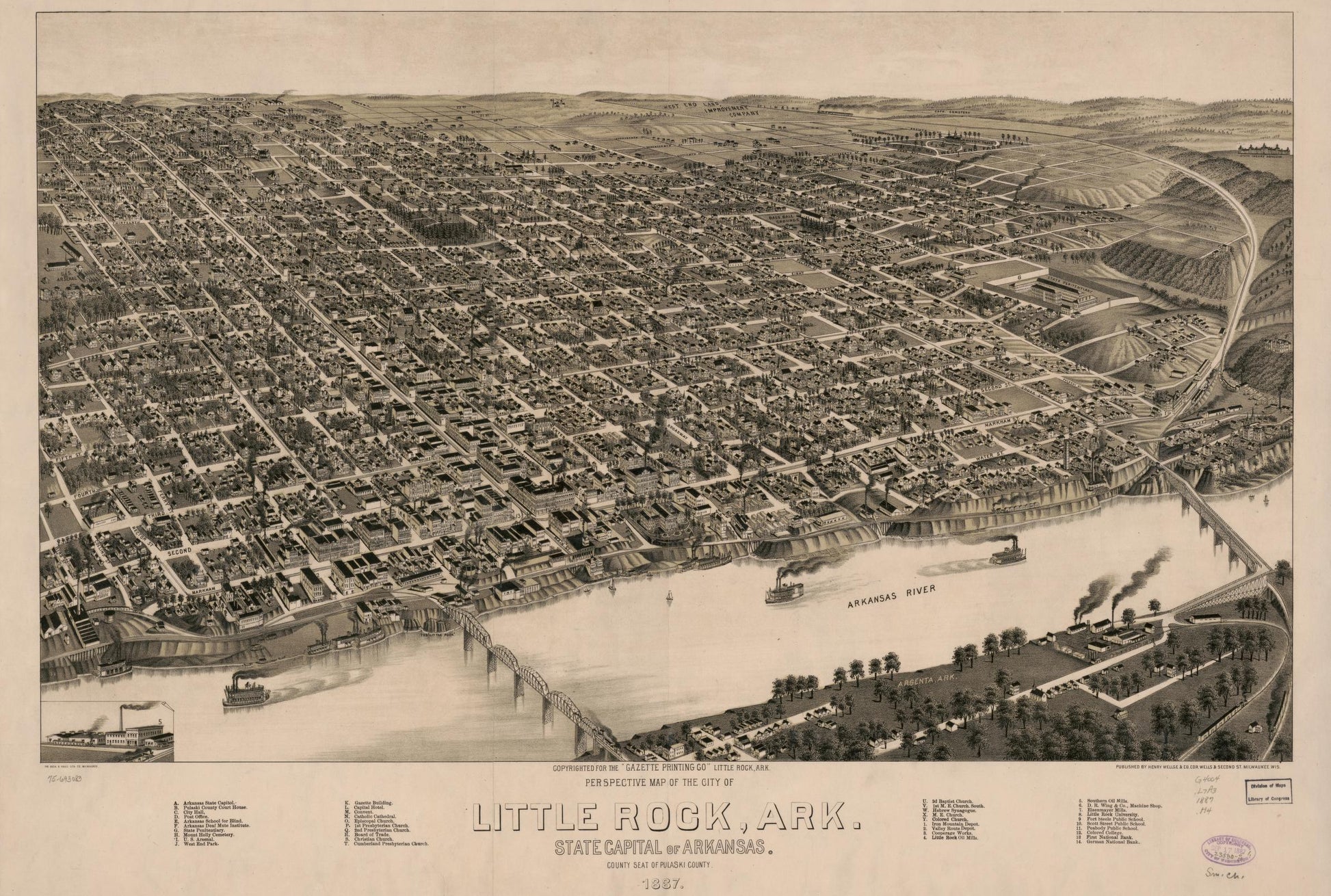 Perspective map of the city of Little Rock, Ark., State capital of Arkansas, county seat of Pulaski County. 1887. (1887) – Historic Bird’s-Eye View Panorama Print