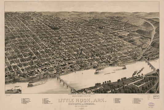 Perspective map of the city of Little Rock, Ark., State capital of Arkansas, county seat of Pulaski County. 1887. (1887) – Historic Bird’s-Eye View Panorama Print