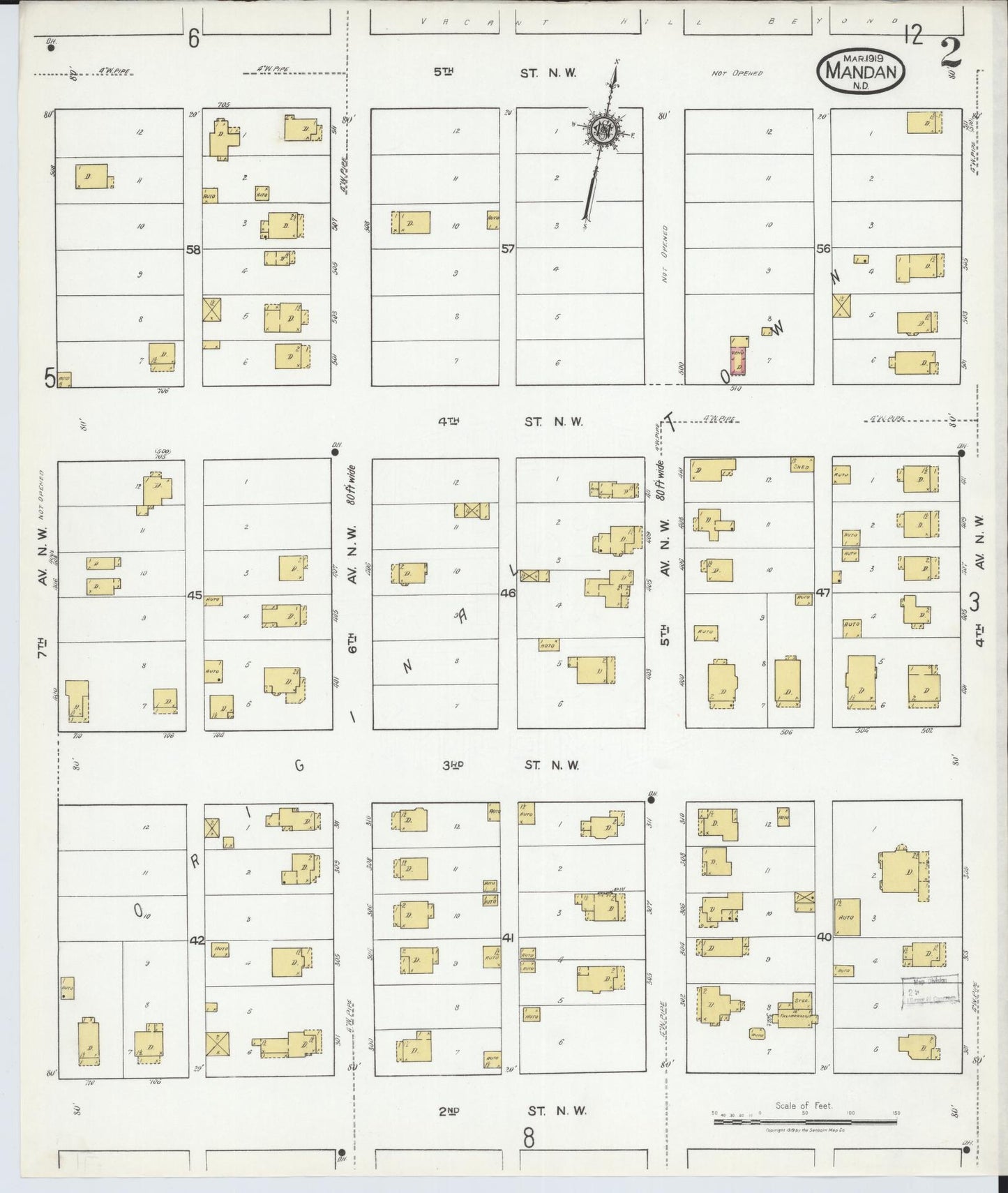 Sanborn Fire Insurance Map from Mandan, Morton County, North Dakota (1919), Sheet #0002 - Historic Sanborn Fire Insurance Map Print, vintage old map wall art, antique decor, genealogy gift, North Dakota North Dakota map