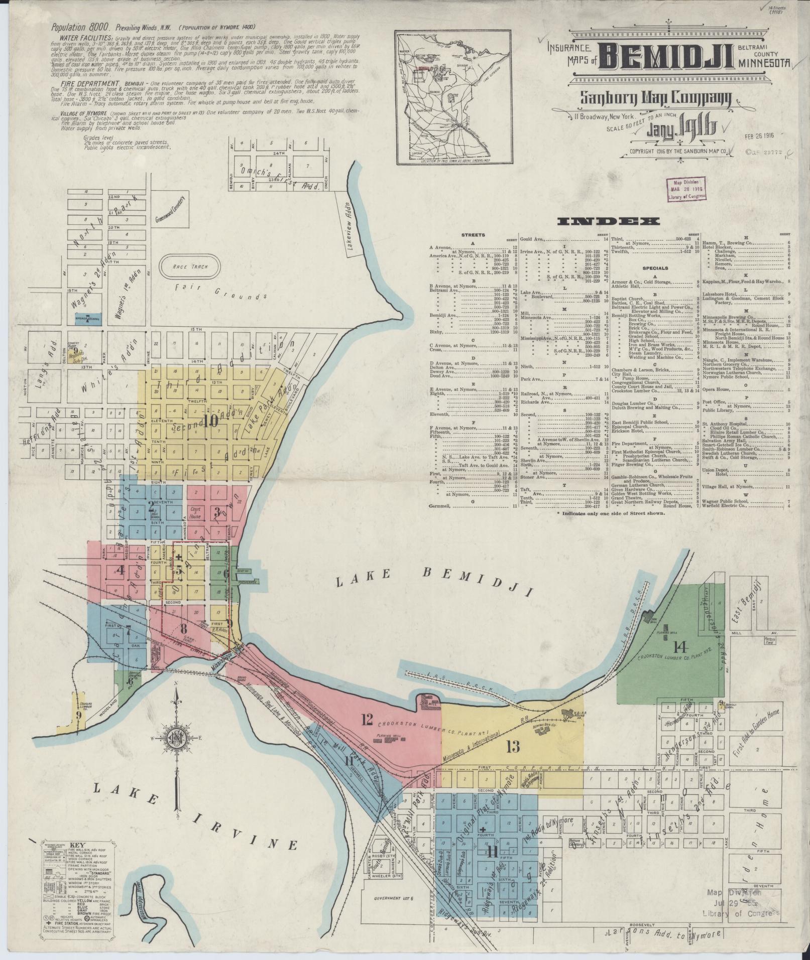 Sanborn Fire Insurance Map from Bemidji, Beltrami County, Minnesota (1916), Sheet #0001 - Historic Sanborn Fire Insurance Map Print, vintage old map wall art, antique decor, genealogy gift, Minnesota Minnesota map