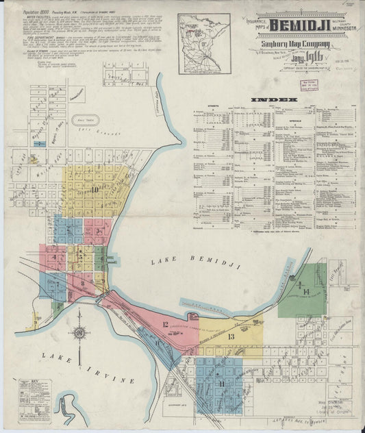 Sanborn Fire Insurance Map from Bemidji, Beltrami County, Minnesota (1916), Sheet #0001 - Historic Sanborn Fire Insurance Map Print, vintage old map wall art, antique decor, genealogy gift, Minnesota Minnesota map