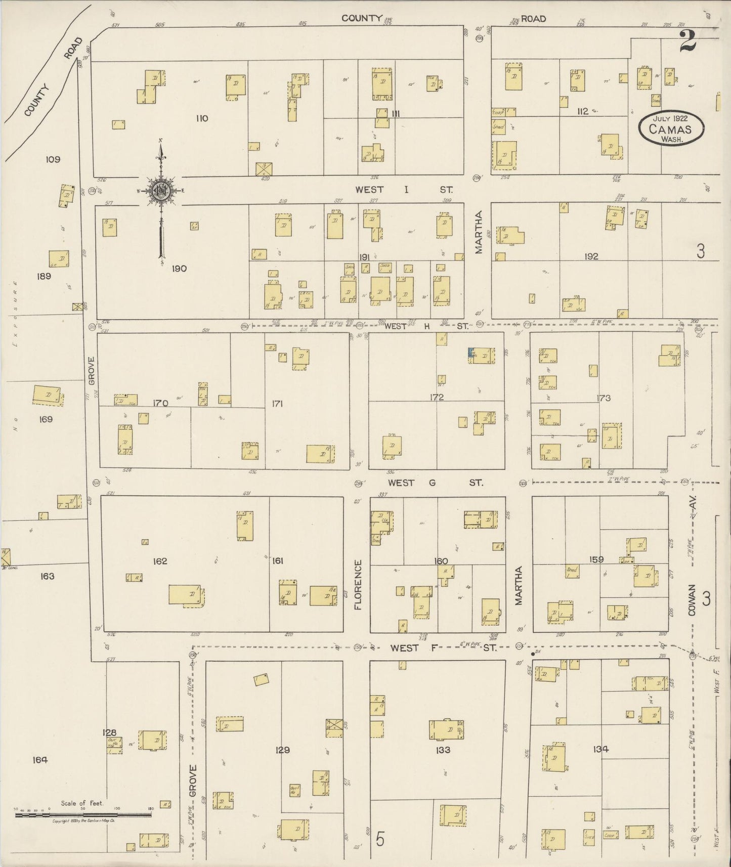 Sanborn Fire Insurance Map from Camas, Clark County, Washington (1922), Sheet #0002 - Complete Map Set gallery image, historic Sanborn map, vintage wall art, Washington Washington