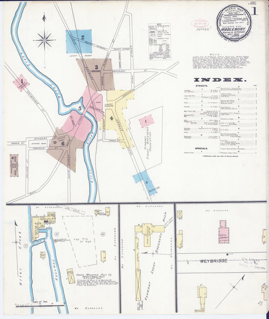 Sanborn Fire Insurance Map from Middlebury, Addison County, Vermont (1892), Sheet #0001 - Historic Sanborn Fire Insurance Map Print, vintage old map wall art, antique decor, genealogy gift, Vermont Vermont map