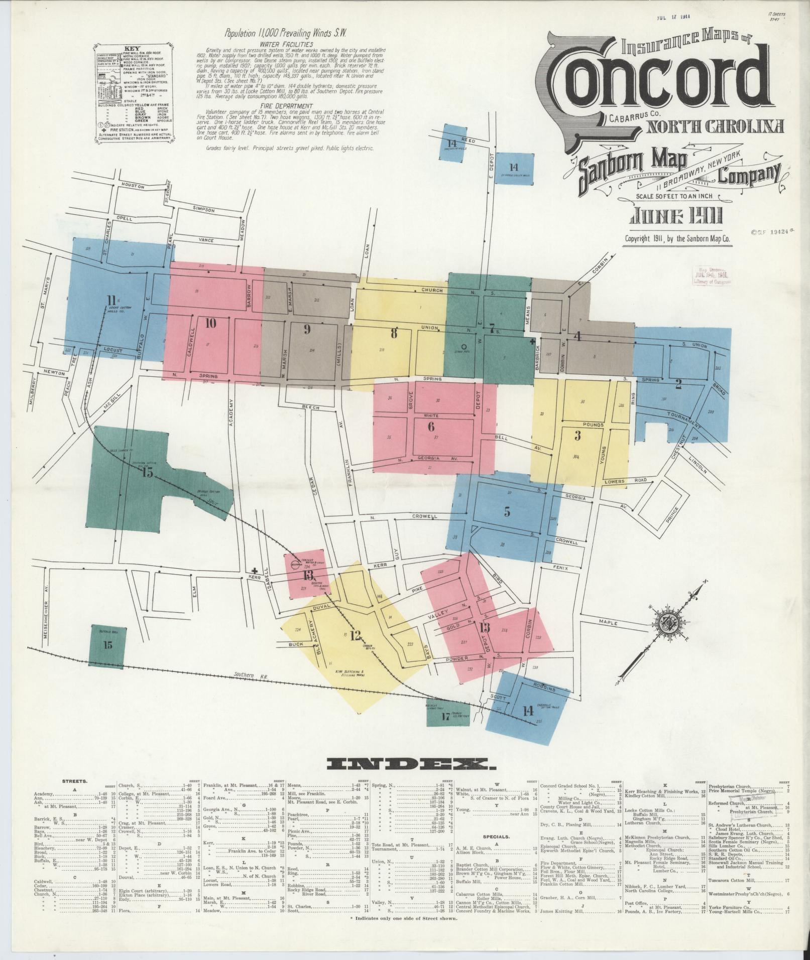 Sanborn Fire Insurance Map from Concord, Cabarrus County, North Carolina (1911), Sheet #0001 - Complete Map Set gallery image, historic Sanborn map, vintage wall art, North Carolina North Carolina