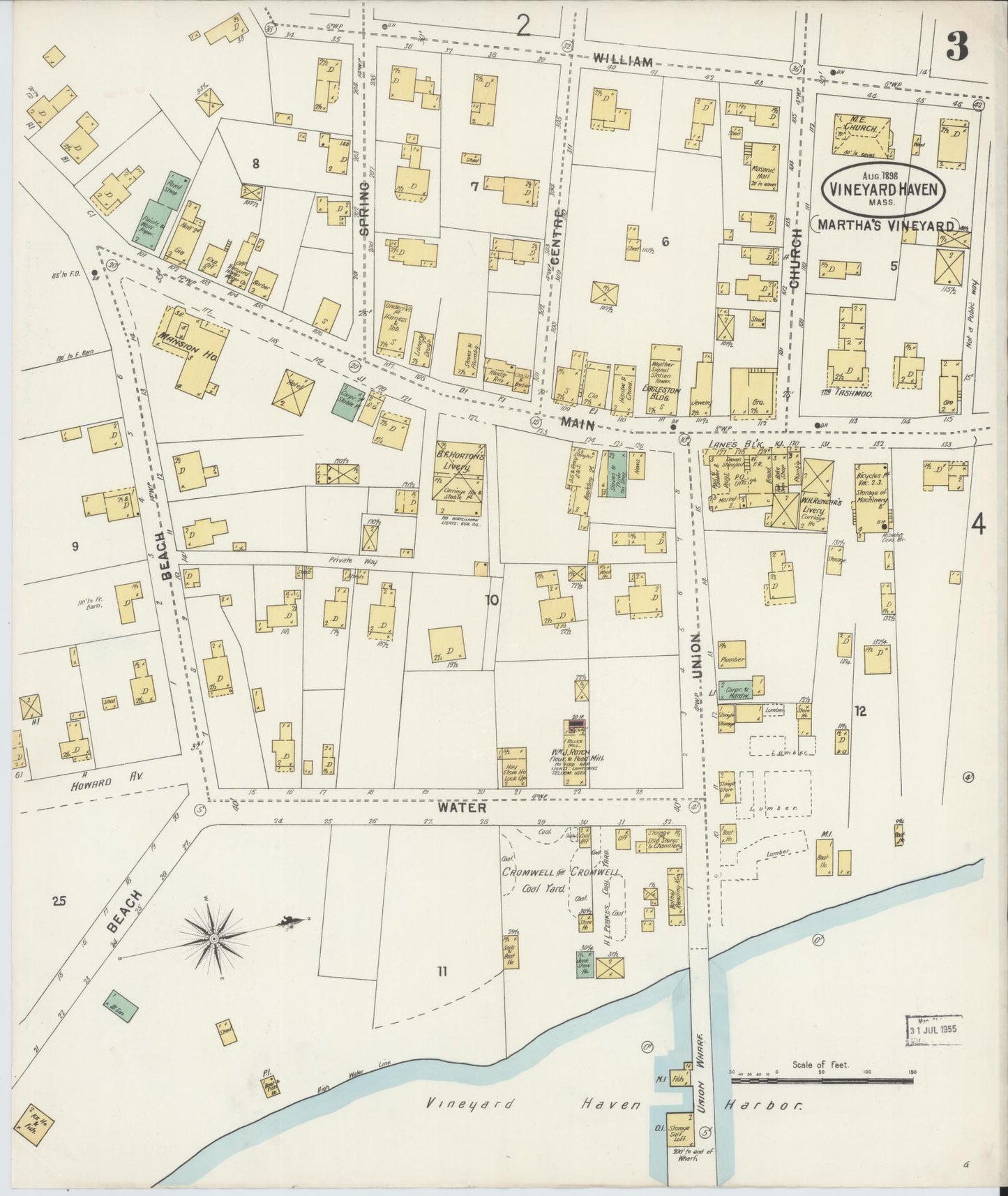 Sanborn Fire Insurance Map from Vineyard Haven, Dukes County, Massachusetts (1898), Sheet #0003 - Historic Sanborn Fire Insurance Map Print, vintage old map wall art, antique decor, genealogy gift, Massachusetts Massachusetts map