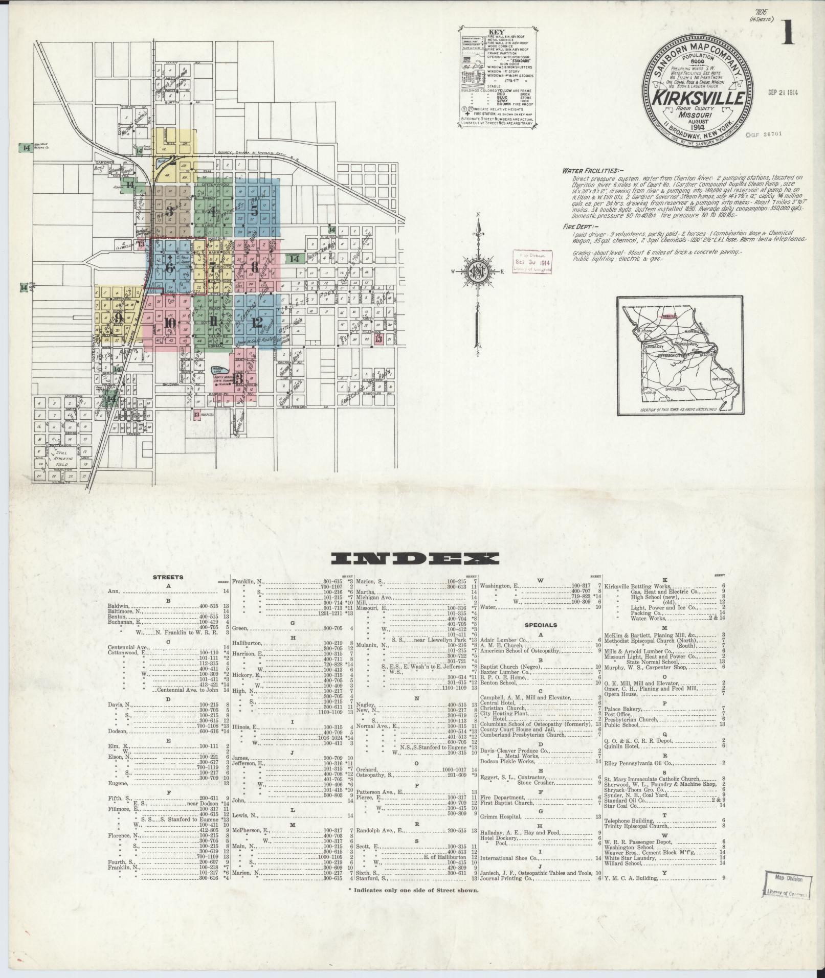 Sanborn Fire Insurance Map from Kirksville, Adair County, Missouri (1914), Sheet #0001 - Complete Map Set gallery image, historic Sanborn map, vintage wall art, Missouri Missouri