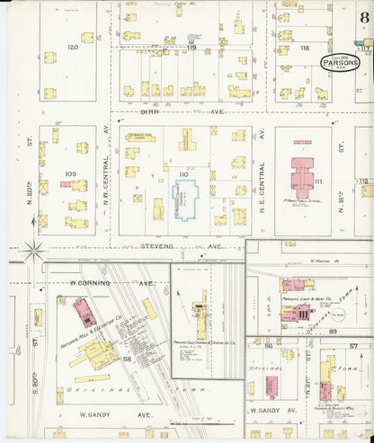 Sanborn Fire Insurance Map from Parsons, Labette County, Kansas (1893), Sheet #0008 - Complete Map Set gallery image, historic Sanborn map, vintage wall art, Kansas Kansas