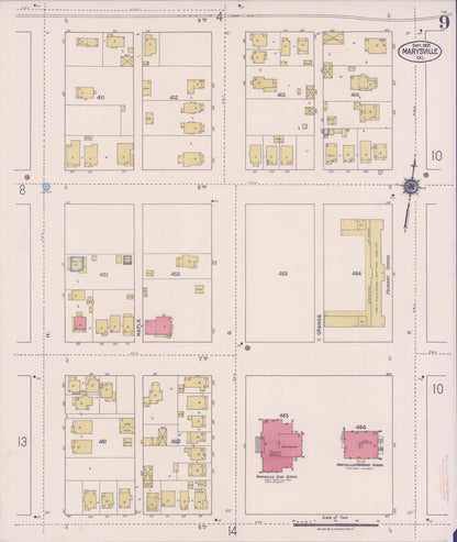 Sanborn Fire Insurance Map from Marysville, Yuba County, California (1921), Sheet #0009 - Historic Sanborn Fire Insurance Map Print, vintage old map wall art, antique decor, genealogy gift, California California map