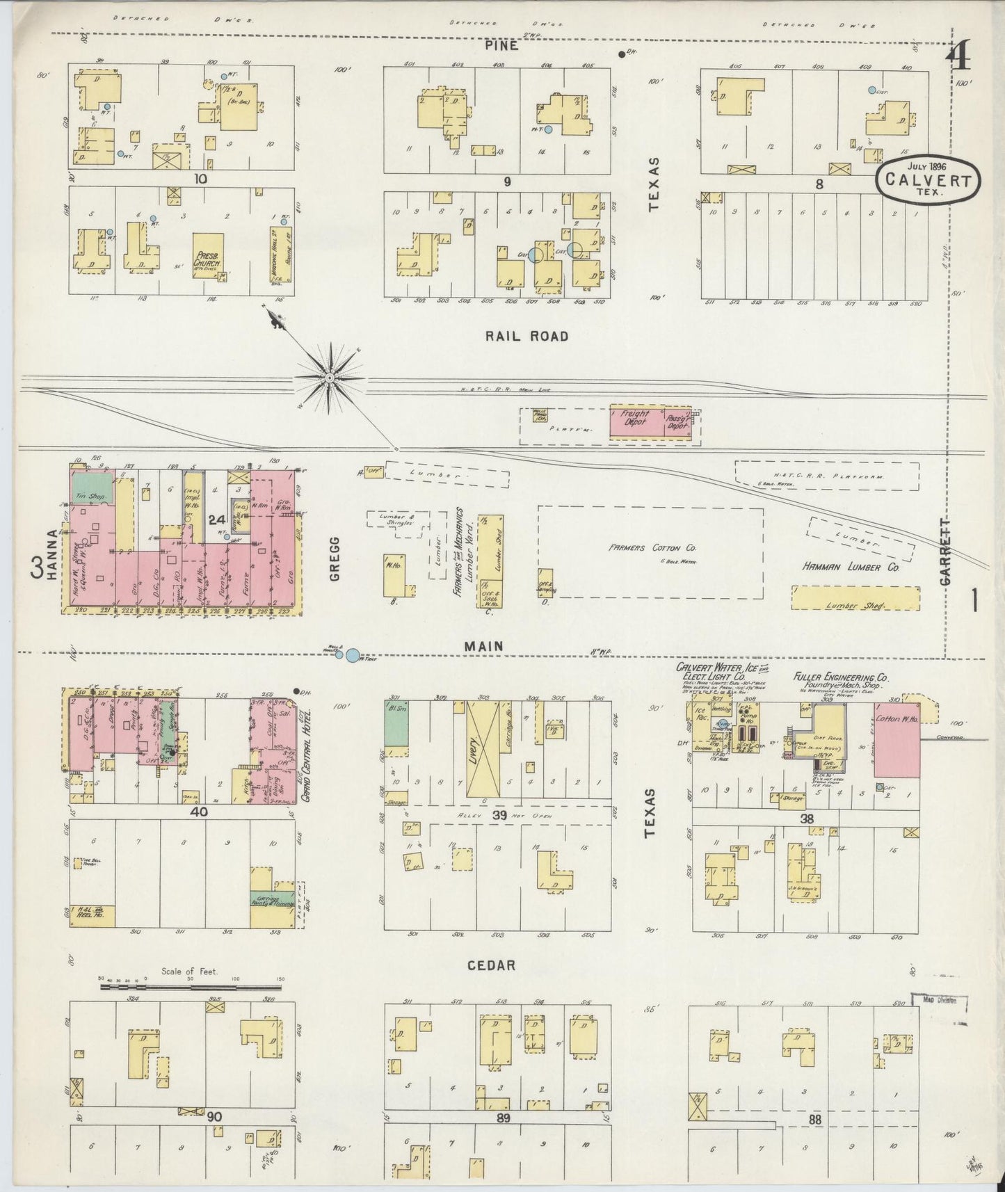 Sanborn Fire Insurance Map from Calvert, Robertson County, Texas (1896), Sheet #0004 - Historic Sanborn Fire Insurance Map Print, vintage old map wall art, antique decor, genealogy gift, Texas Texas map